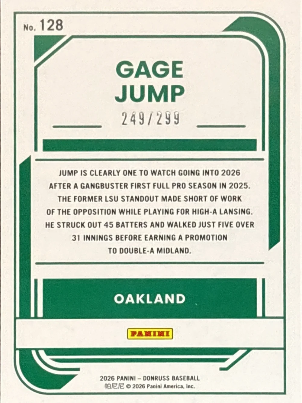 Panini Gage Jump Oakland Rated Prospect Baseball Card - Gold Burst LE 249/299